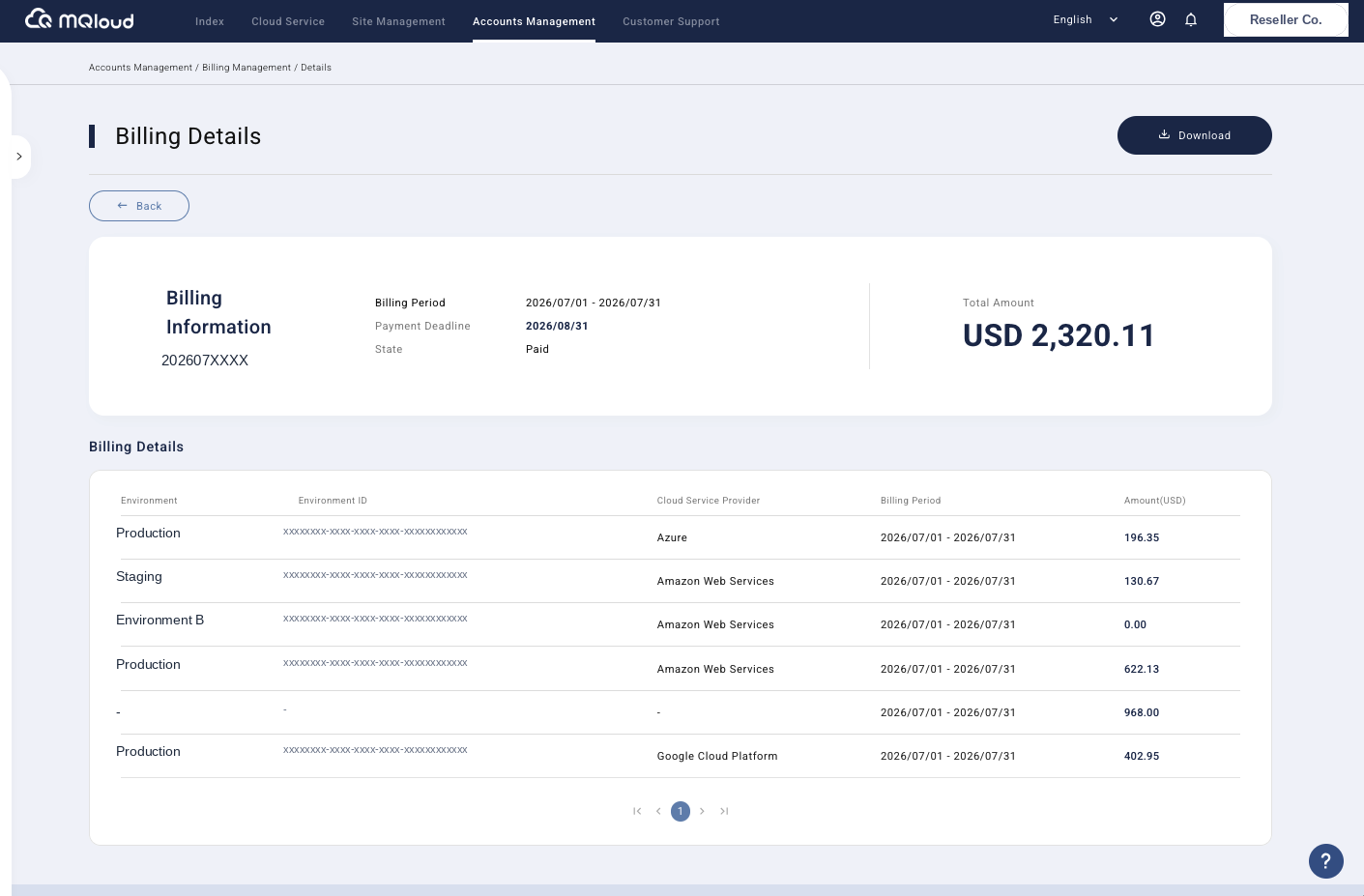 MQloud billing management screen