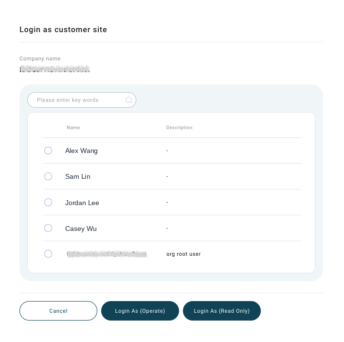 Login AS support service, real interface